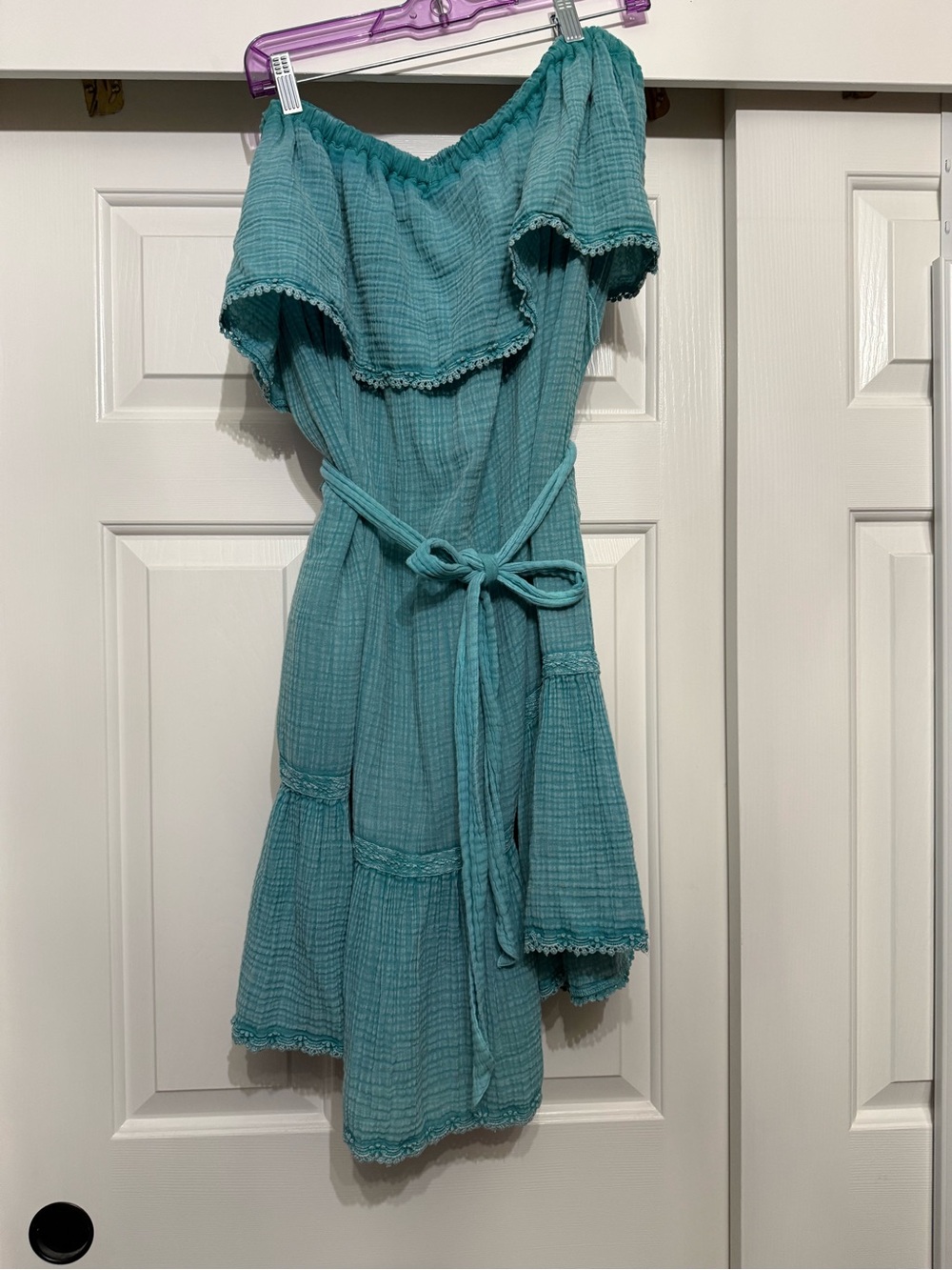 Anthropologie sea foam green off the shoulder Ruffled Dress